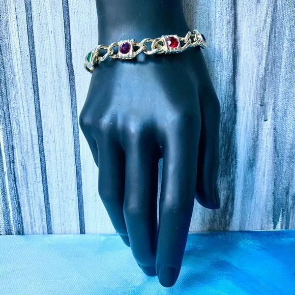 Vintage 80's Austrian Crystal Gold-Tone Multi-Color Link Tennis Bracelet Sz 6.5 - Picture 5 of 6